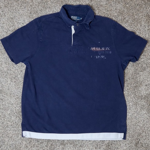 Polo Ralph Lauren USRL Rugby Shirt XL Navy Blue Custom Fit Distressed Military - Picture 1 of 13